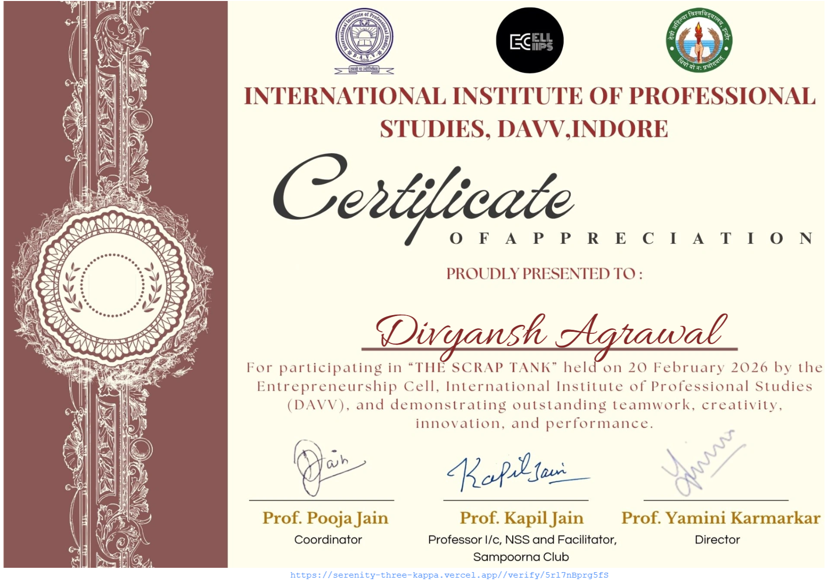 Certificate awarded to Divyansh Agrawal